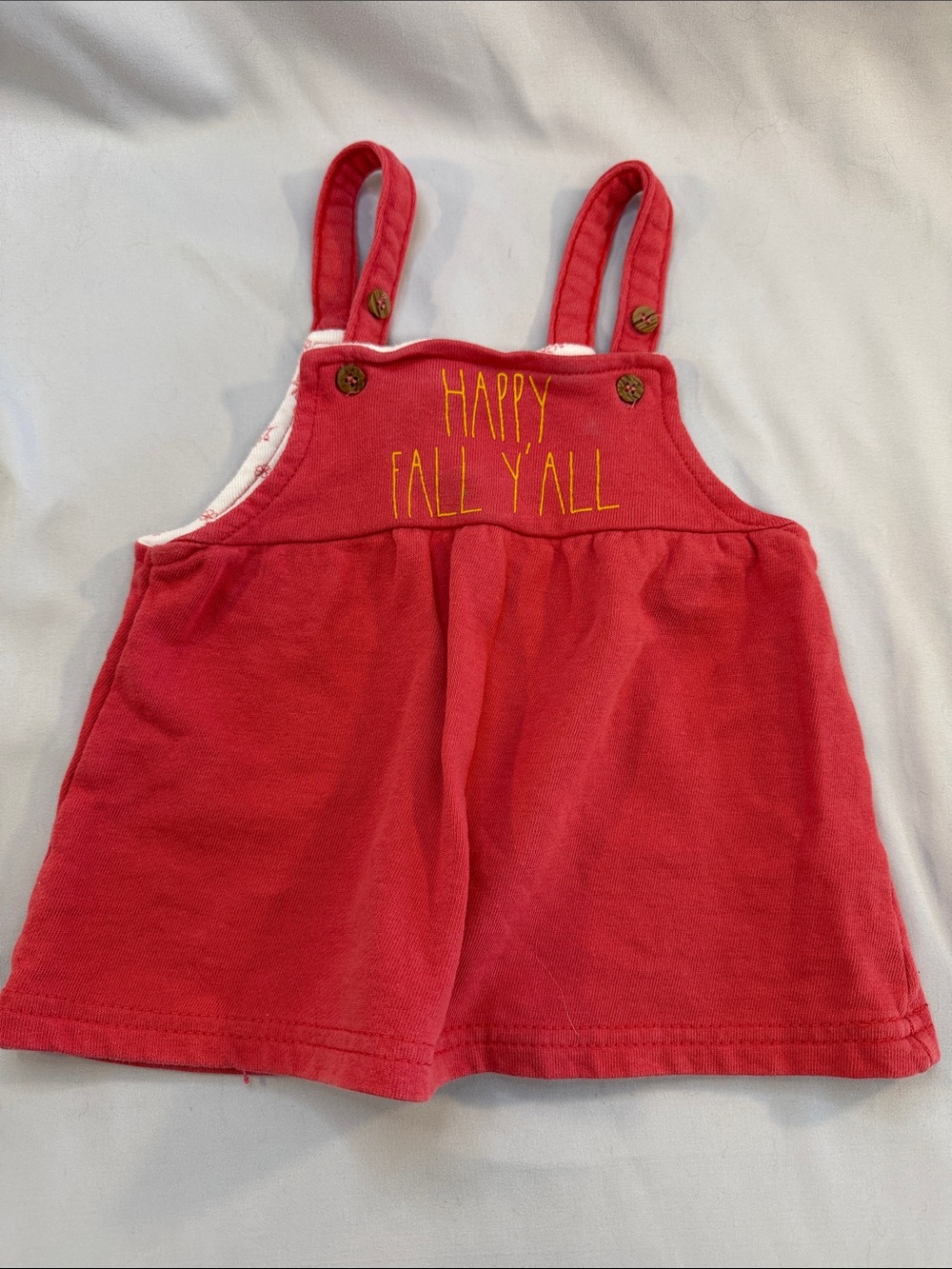 Rae Dunn Red Pinafore Overalls dress with Yellow Embroidery